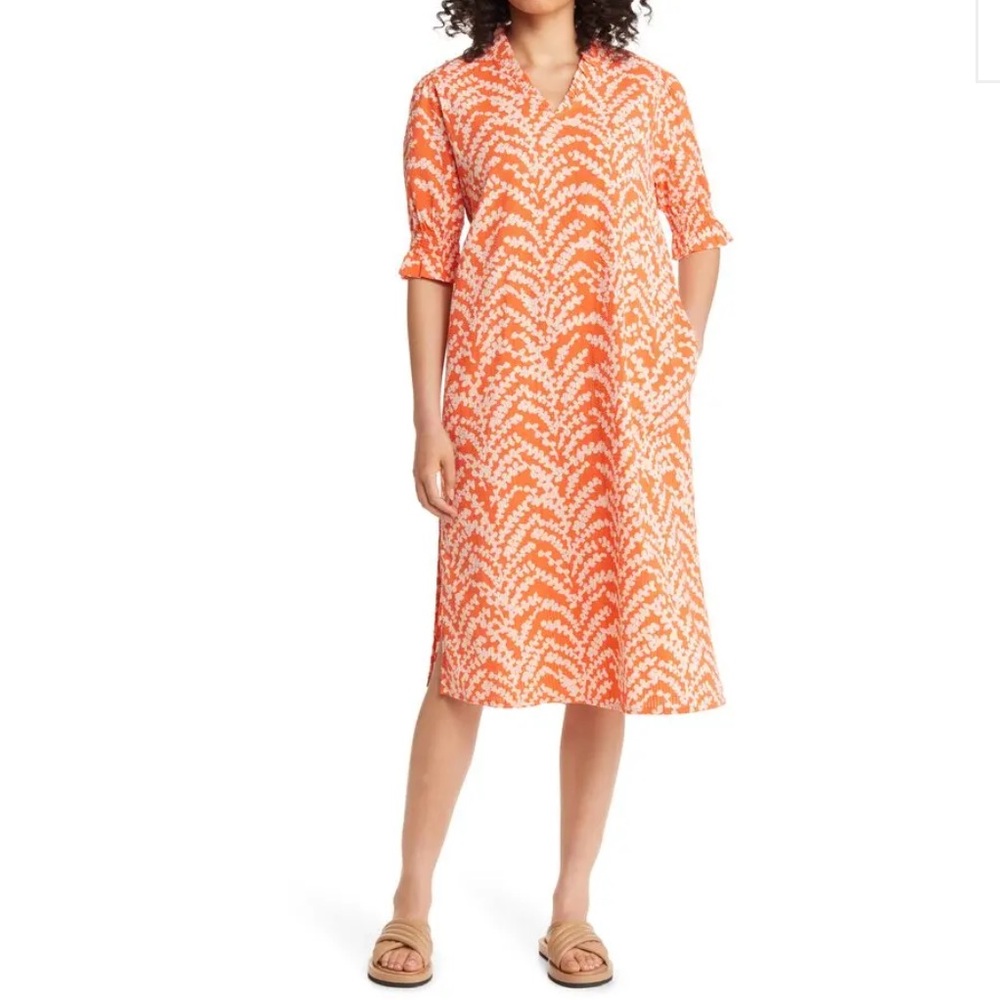 MASAI COPENHAGEN Nydela Ruffle Cotton Seersucker Dress Pockets Orange Size Small